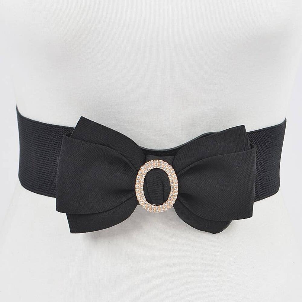 Rhinestone Bow Buckle Stretch Belt – Black